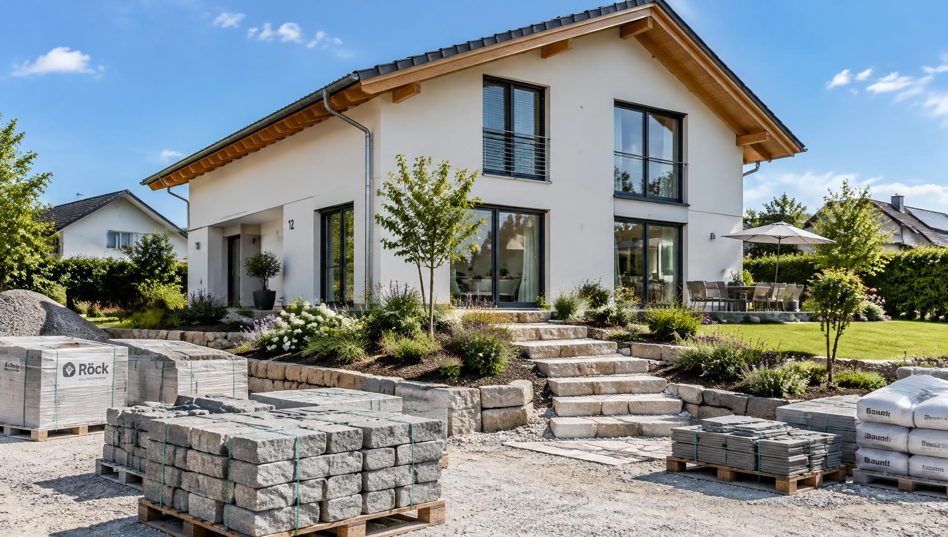 Modernes Einfamilienhaus mit Garten, Natursteintreppe und Baustoffpaletten